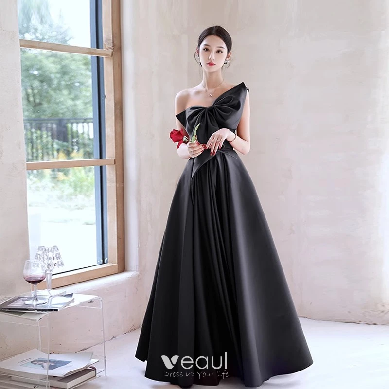 Modest Burgundy Satin Prom Dresses 2023 A-Line / Princess One-Shoulder Bow  Sleeveless Backless Floor-Length / Long Prom Formal Dresses