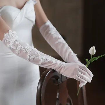 Vintage Eleganckie Białe Z Koronki Kwiat Ślub Rękawiczki Ślubne 2025 Tiulowe