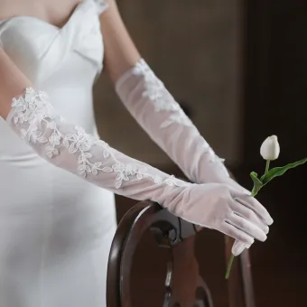 Vintage Eleganckie Białe Z Koronki Kwiat Ślub Rękawiczki Ślubne 2025 Tiulowe