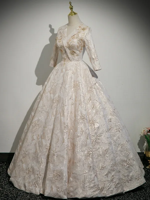 Elegant Champagne Glitter Printing Mother Of The Bride Dresses 2025 A-Line / Princess V-Neck Long Sleeve Backless Floor-Length / Long