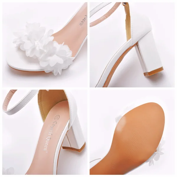 Sexy Weiß Applikationen Knöchelriemen Brautschuhe 2023 7 cm Thick Heels Peeptoes Hochzeit Sandaletten Hochhackige