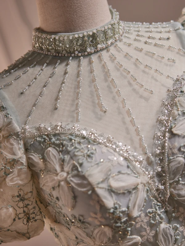 Vintage / Retro Sage Green Beading Pearl Flower Sequins Prom Dresses Ball Gown 2023 High Neck Short Sleeve Backless Floor-Length / Long Prom Formal Dresses