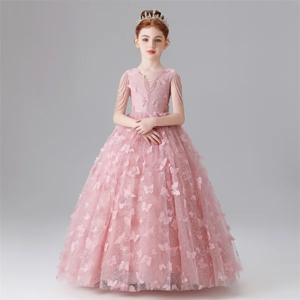 Chic / Beautiful Blushing Pink Beading Sequins Butterfly Appliques Birthday Flower Girl Dresses 2025 Ball Gown V-Neck Sleeveless Floor-Length / Long
