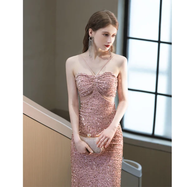 Glitzernden Rosa Pailletten Abendkleider 2023 Bandeau Meerjungfrau Ärmellos Rückenfreies Lange Abend Festliche Kleider