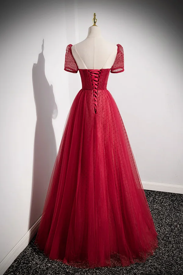 Chic / Belle Bordeaux Perlage Paillettes Robe De Bal 2022 Princesse Encolure Dégagée Manches Courtes Dos Nu Longue Promo Robe De Ceremonie