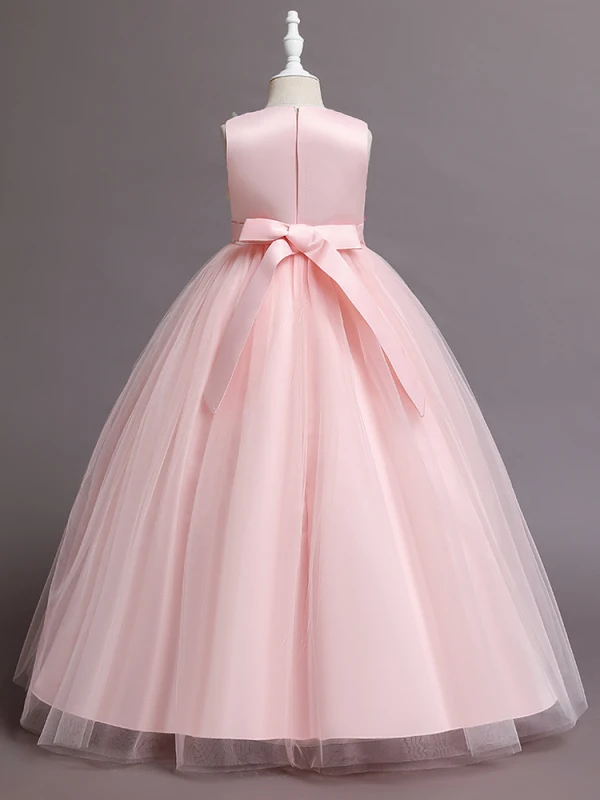 Lovely Blushing Pink Butterfly Appliques Birthday Flower Girl Dresses 2024 Ball Gown Scoop Neck Sleeveless Bow Sash Floor-Length / Long