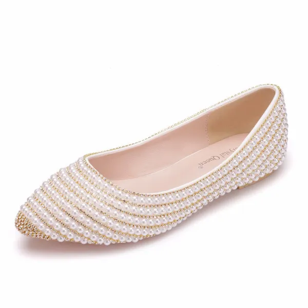 Sparkly Gold Pearl Rhinestone Flat Wedding Shoes 2023 Pointed Toe Wedding Shoes