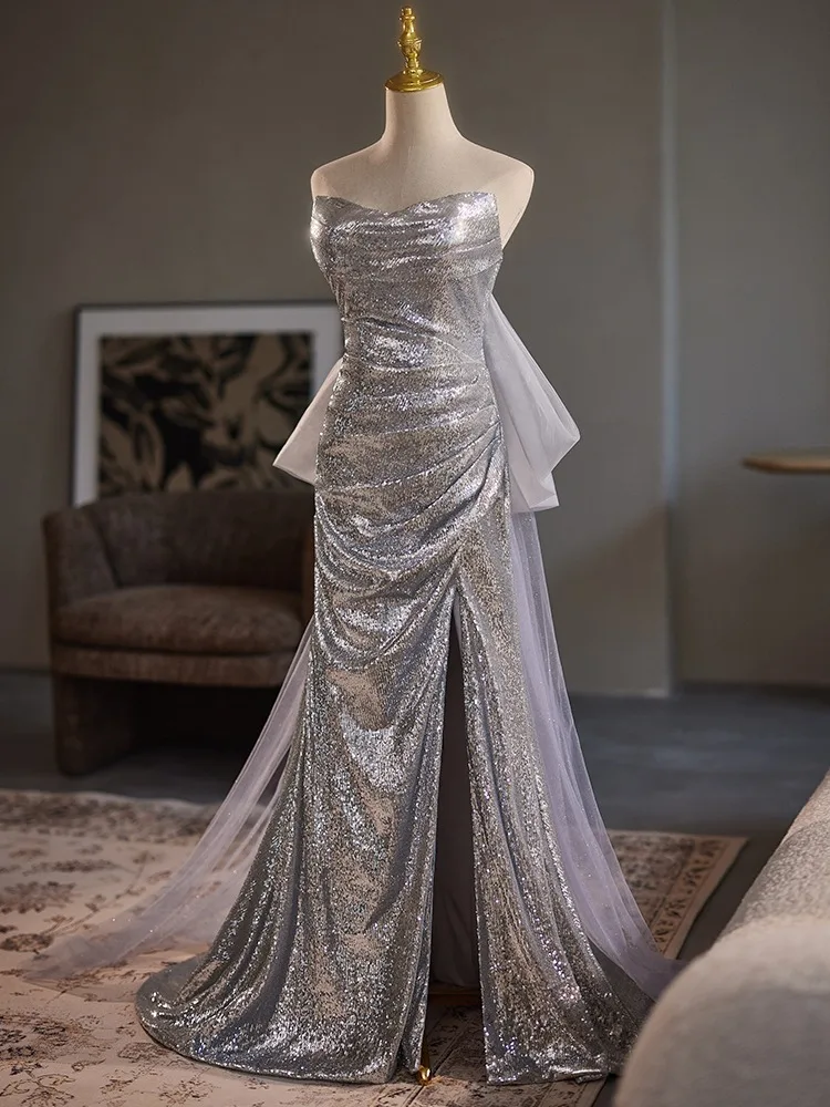 staud grey dress Grey Velvet Pearls Flower Halter V-neck Mermaid Sexy Open Back Dress main image 1