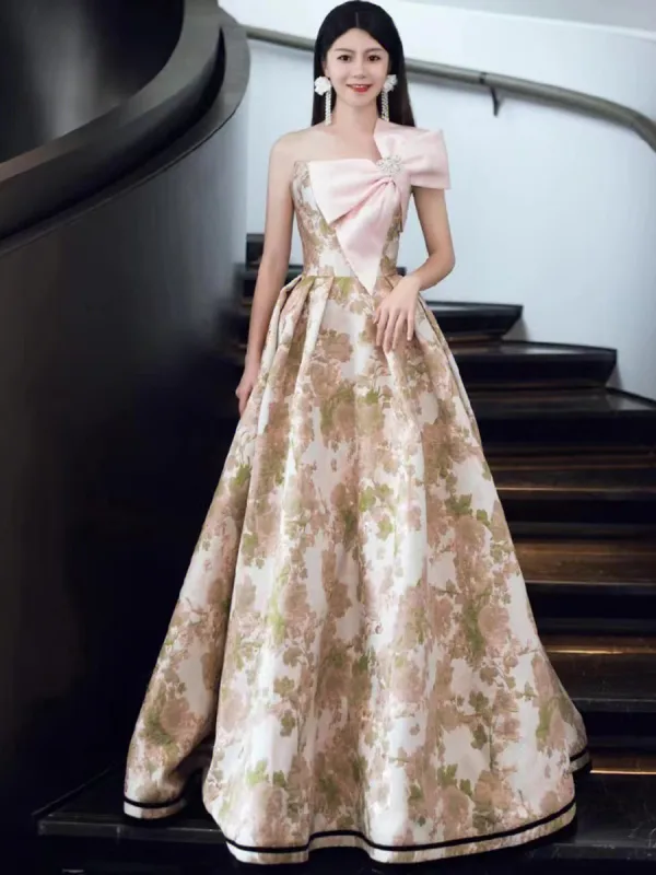 Fashion Blushing Pink Printing Prom Dresses 2024 A-Line / Princess Bow Strapless Sleeveless Backless Floor-Length / Long Prom Formal Dresses