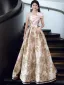Fashion Blushing Pink Printing Prom Dresses 2024 A-Line / Princess Bow Strapless Sleeveless Backless Floor-Length / Long Prom Formal Dresses