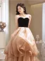Fashion Champagne Cascading Ruffles Prom Dresses 2023 Ball Gown Strapless Short Sleeve Backless Sweep Train Prom Formal Dresses