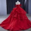 High-end Burgundy Glitter Pearl Appliques Cascading Ruffles Prom Dresses 2023 Ball Gown Off-The-Shoulder Sleeveless Backless Court Train Prom Formal Dresses