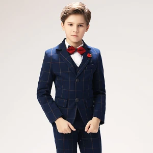 Navy Blue Stripe Long Sleeve Boys Wedding Suits 2022 Body Jewellery Coat Pants Shirt Tie Vest Wedding