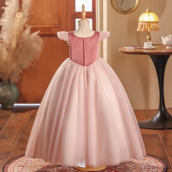 Modest / Simple Blushing Pink Beading Birthday Flower Girl Dresses 2024 Ball Gown Scoop Neck Cap Sleeves Floor-Length / Long Tulle