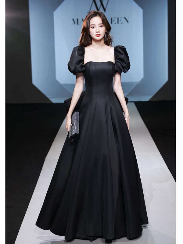 Elegant Black Satin Prom Dresses 2022 A-Line / Princess Square Neckline Puffy Short Sleeve Backless Bow Floor-Length / Long Formal Dresses