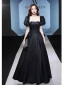 Elegant Black Satin Prom Dresses 2022 A-Line / Princess Square Neckline Puffy Short Sleeve Backless Bow Floor-Length / Long Formal Dresses