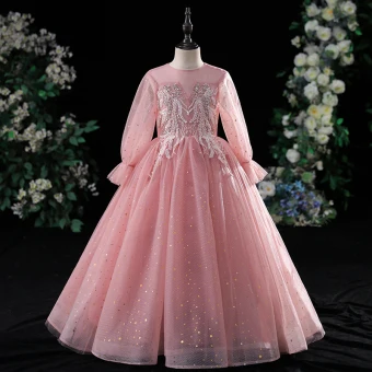 Chic Belle Rose Bonbon Soirée Robe Ceremonie Fille 2022 Robe Boule Encolure Dégagée Perlage Perle En Dentelle Fleur Paillettes Manches Longues Longue Robe Ceremonie Fille