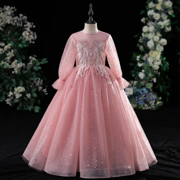 Chic Beautiful Candy Pink Evening Party Flower Girl Dresses 2022 Ball Gown Scoop Neck Beading Pearl Lace Flower Sequins Long Sleeve Floor Length Long Flower Girl Dresses