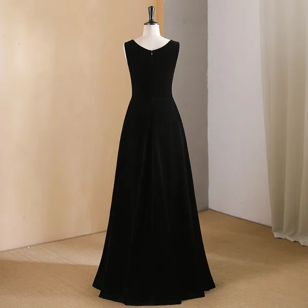 Chic / Beautiful Black Pearl Prom Dresses 2024 A-Line / Princess U-Neck Sleeveless Floor-Length / Long Prom Formal Dresses