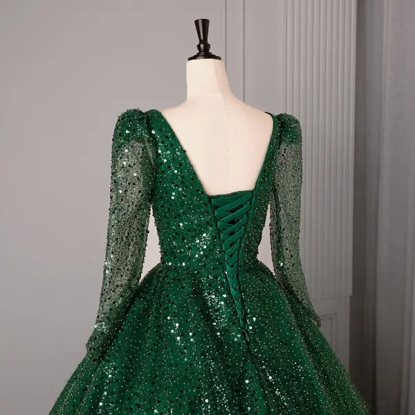 Vintage / Retro Dark Green Beading Pearl Sequins Prom Dresses 2025 Ball Gown Square Neckline Long Sleeve Backless Floor-Length / Long Formal Dresses
