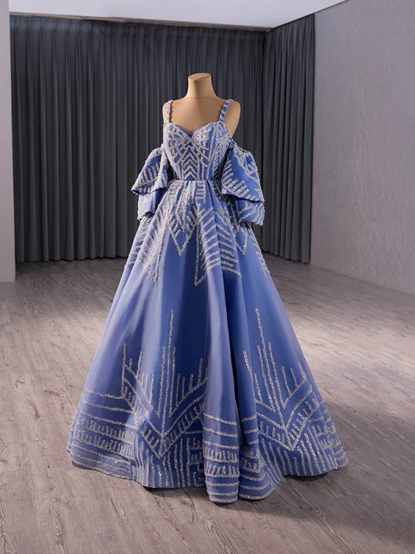 High-end Pool Blue Sequins Prom Dresses 2024 A-Line / Princess Spaghetti Straps Sleeveless Backless Floor-Length / Long Prom Formal Dresses