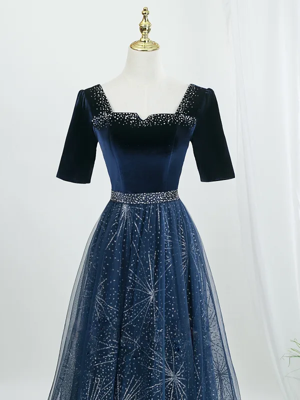 Vintage / Retro Navy Blue Sequins Prom Dresses 2026 A-Line / Princess Square Neckline Short Sleeve Backless Floor-Length / Long