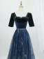 Vintage / Retro Navy Blue Sequins Prom Dresses 2026 A-Line / Princess Square Neckline Short Sleeve Backless Floor-Length / Long