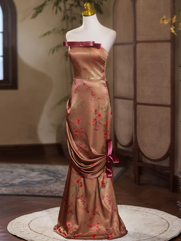Sexy Brown Embroidered Evening Dresses 2024 Trumpet / Mermaid Strapless Sleeveless Backless Floor-Length / Long Evening Party Formal Dresses