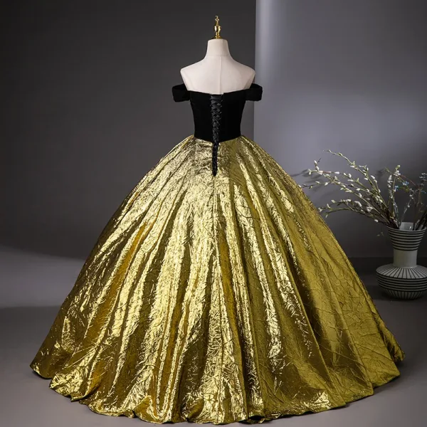 Vintage / Retro Black Gold Prom Dresses 2024 Ball Gown Off-The-Shoulder Sleeveless Floor-Length / Long Prom Formal Dresses