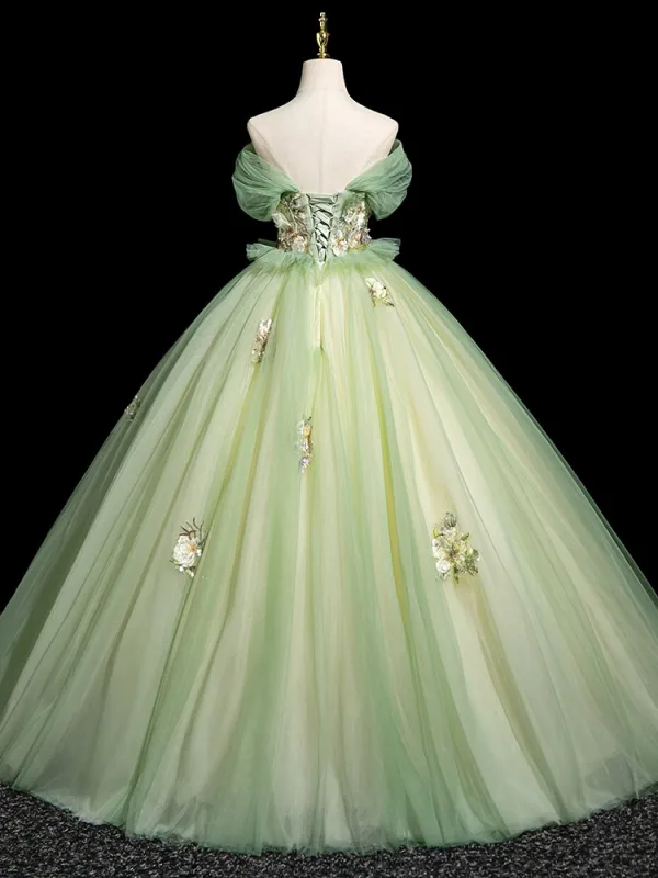 Elegant Sage Green Sequins Lace Flower Prom Dresses 2025 Ball Gown Off-The-Shoulder Short Sleeve Backless Floor-Length / Long Formal Dresses