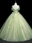 Elegant Sage Green Sequins Lace Flower Prom Dresses 2025 Ball Gown Off-The-Shoulder Short Sleeve Backless Floor-Length / Long Formal Dresses