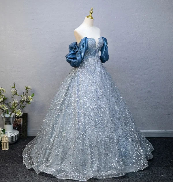 Chic / Belle Bleu Ciel Perlage Paillettes Robe De Bal 2025 Robe Boule Volants De l'épaule Manches Courtes Dos Nu Longue Promo Robe De Ceremonie