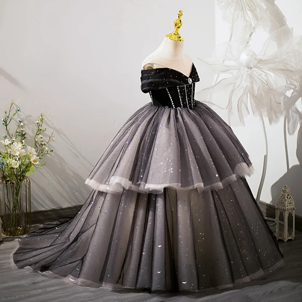 Fashion Black Rhinestone Sequins Cascading Ruffles Flower Girl Dresses 2023 Ball Gown Scoop Neck Birthday Short Sleeve Floor-Length / Long