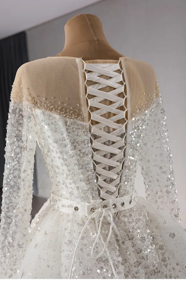 High-end White Handmade  Beading Sequins Wedding Dresses 2024 Trumpet / Mermaid Scoop Neck Long Sleeve Court Train Wedding