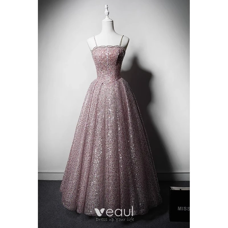 Sparkly Blushing Pink Beading Sequins Prom Dresses 2023 A-Line / Princess  Spaghetti Straps Sleeveless Backless Floor-Length / Long Prom Formal Dresses