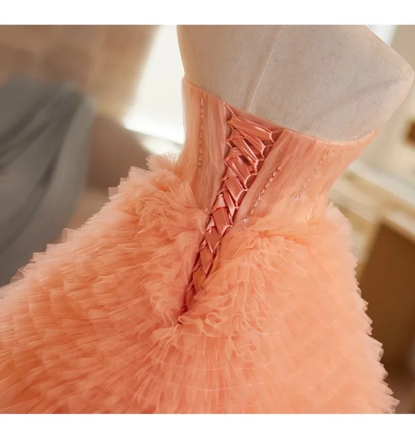 Chic / Belle Orange Perlage Volants en Cascade Robe De Bal 2025 Princesse Bustier Sans Manches Dos Nu Train De Balayage Promo Robe De Ceremonie