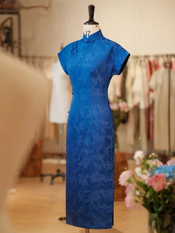 Vintage / Retro Ocean Blue Split Front Tea-length Cheongsam 2026 Trumpet / Mermaid High Neck Cap Sleeves