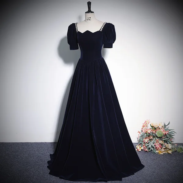 Vintage / Retro Navy Blue Rhinestone Velvet Prom Dresses 2023 A-Line / Princess Square Neckline Short Sleeve Backless Floor-Length / Long Prom Formal Dresses
