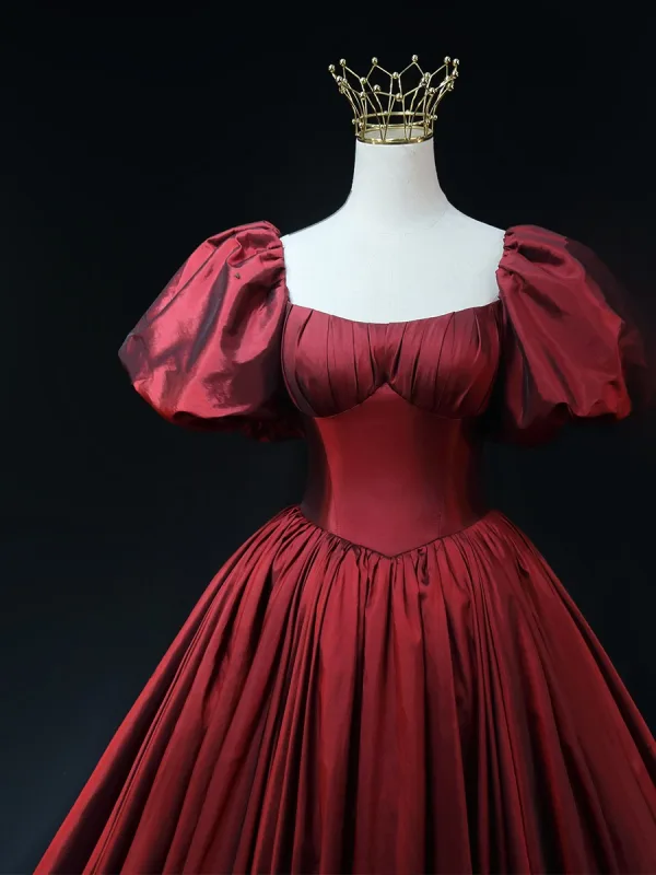 Vintage / Retro Burgundy Prom Dresses 2024 Ball Gown Square Neckline Puffy Short Sleeve Backless Sweep Train Prom Formal Dresses