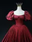 Vintage / Retro Burgundy Prom Dresses 2024 Ball Gown Square Neckline Puffy Short Sleeve Backless Sweep Train Prom Formal Dresses