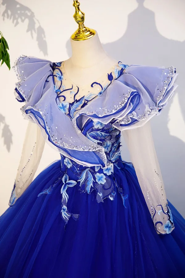 Vintage / Retro Royal Blue Sequins Lace Flower Prom Dresses 2023 V-Neck 1/2 Sleeves Backless Floor-Length / Long Prom Formal Dresses