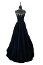 Chic / Beautiful Navy Blue Rhinestone Velvet Prom Dresses 2024 A-Line / Princess Strapless Sleeveless Backless Floor-Length / Long Prom Formal Dresses