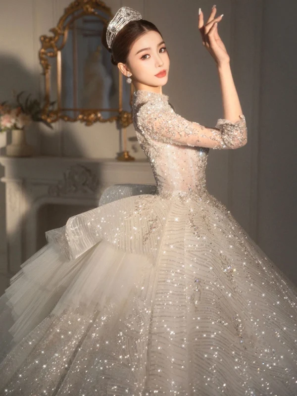 Charming White Beading Glitter Sequins Wedding Dresses 2023 Ball Gown High Neck Long Sleeve Backless Floor-Length / Long Wedding