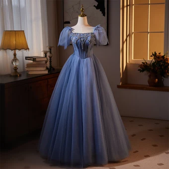 Chic Beautiful Ocean Blue Glitter Rhinestone Prom Dresses 2024 Ball Gown Square Neckline Puffy Short Sleeve Backless Formal Dresses Prom Floor Length Long