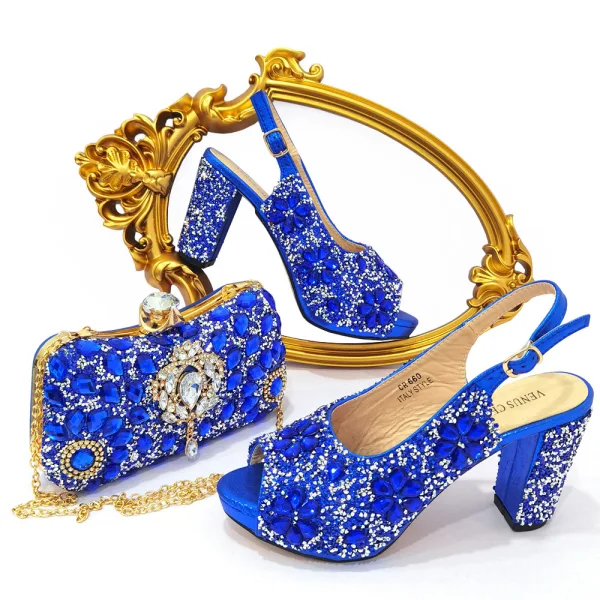 Sparkly Pool Blue Rhinestone Evening Party Clutch Bags Womens Sandals 2023 9 cm Thick Heels Open / Peep Toe Sandals High Heels Clutch Bags