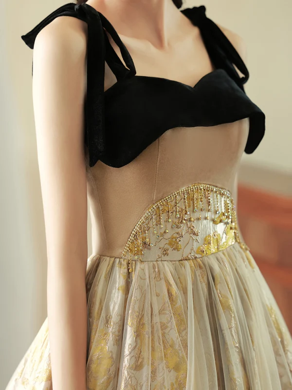 Chic / Beautiful Gold Pearl Tassel Evening Dresses 2023 A-Line / Princess Spaghetti Straps Sleeveless Backless Floor-Length / Long Evening Party Formal Dresses