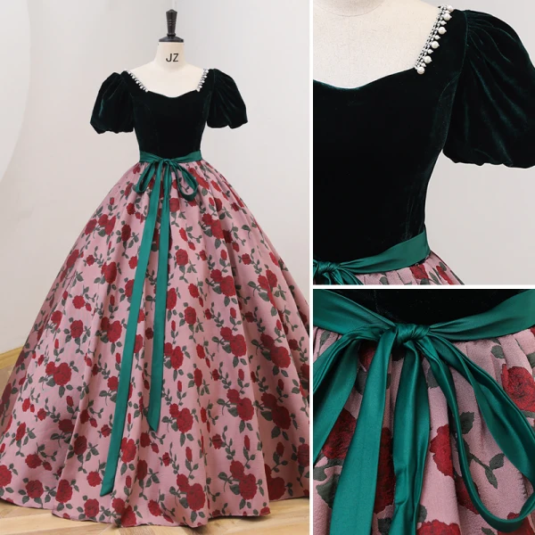 Chic / Belle Vert Foncé Impression Robe De Bal 2022 Robe Boule Encolure Carrée Manches Courtes Dos Nu Noeud Ceinture Longue Promo Robe De Ceremonie