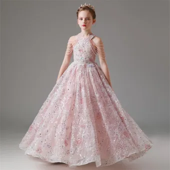 Charming Blushing Pink Beading Tassel Sequins Lace Flower Floor Length Long Birthday Flower Girl Dresses 2024 Ball Gown Scoop Neck Sleeveless Tulle