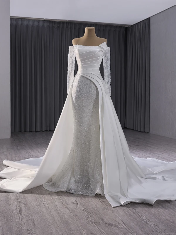 High End Weiß Handgefertigt Perlenstickerei Pailletten Brautkleider / Hochzeitskleider 2024 Meerjungfrau Off Shoulder Lange Ärmel Rückenfreies Kapelle-Schleppe Hochzeit