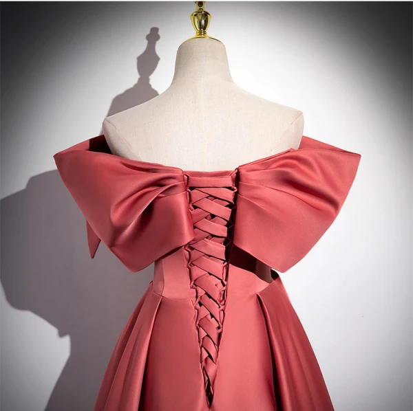 Elegant Watermelon Pearl Satin Prom Dresses 2024 Ball Gown Off-The-Shoulder Short Sleeve Backless Floor-Length / Long Prom Formal Dresses